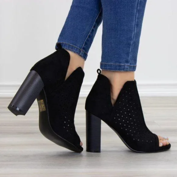 Perforated Block Heel Sandal Ankle Bootie - Picture 2 of 9
